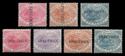 TASMANIA: Postal Fiscals: 1880 (SG.F26s-F29s) 2d to 1/- with horizontal 'SPECIMEN' overprint, plus 1d duplicate and 3d & 1/- with vertical 'SPECIMEN' overprints reading downwards, fine mint, large-part o.g. [The horizontal overprints set is very scarce w