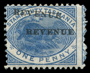 TASMANIA: Postal Fiscals: 1900 (SG.F36d) 1d blue Platypus variety "''REVENUE' overprint doubled", some gum discolouration, Cat £325. RPSofV Certificate (1984)