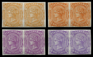 TASMANIA: PLATE PROOFS: 1870-78 De La Rue Sidefaces 9d imperforate plate proof pair on Wmk Crown/CC gummed paper in orange-buff and bright orange and in bright purple & bright violet, MLH full original gum. (4 pairs)