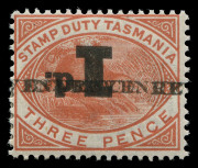 TASMANIA - Revenues: 1900 Platypus Surcharges type d (short thick '1) 1d on 3d overprint variety "Inverted '1d' with triple 'REVENUE' overprint" plus normal stamp for comparison, Elsmore Online Cat. $280.