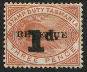 TASMANIA - Revenues: 1900 Platypus Surcharges type d (short thick '1) 1d on 3d overprint variety "Inverted '1d' with triple 'REVENUE' overprint" plus normal stamp for comparison, Elsmore Online Cat. $280. - 2