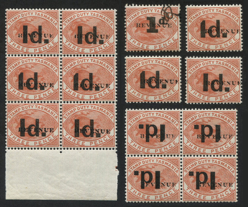 TASMANIA - Revenues: 1900 Platypus Surcharges 1d on 3d marginal setting block of 6 (2x3, setting 'bcb', 'b' being flat top & 'c' being slanted top to '1'), block of 4 setting 'bc' inverted, the upper-left unit 'BEVENUE' for 'REVENUE' variety, also type b