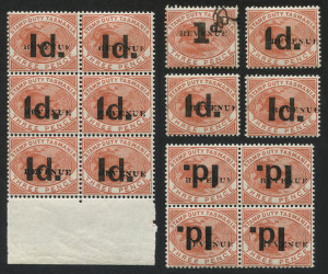 TASMANIA - Revenues: 1900 Platypus Surcharges 1d on 3d marginal setting block of 6 (2x3, setting 'bcb', 'b' being flat top & 'c' being slanted top to '1'), block of 4 setting 'bc' inverted, the upper-left unit 'BEVENUE' for 'REVENUE' variety, also type b & type c (2) single mint & type d (short thick '1') used. (14)