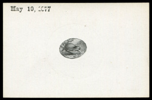 TASMANIA: Postal Fiscals:1880 Platypus progressive die proof of central vignette only on glazed card (92x61mm) endorsed with 'May 10, 1877' handstamp at upper-left. Important proof.