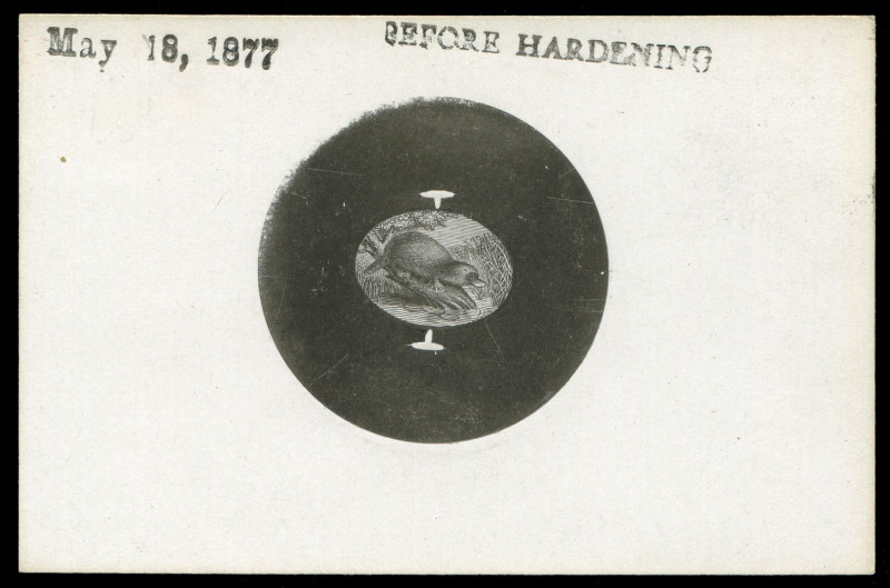 TASMANIA: Postal Fiscals:1880 Platypus progressive die proof of central vignette with uncleared surrounds in black only on glazed card (92x61mm) handstamped 'May 18, 1877' at upper-left and 'BEFORE HARDENING' to the upper-right.