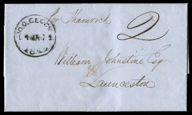 TASMANIA - Postal History: 1849 entire (closed spikehole) from Sydney to Launceston, endorsed "per Shamrock", posted as a local letter upon arrival with good strike of the scarce Launceston Twopenny Post '10.O.CLOCK/1MAR1/1849' datestamp in black. Remarka