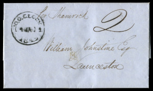 TASMANIA - Postal History: 1849 entire (closed spikehole) from Sydney to Launceston, endorsed "per Shamrock", posted as a local letter upon arrival with good strike of the scarce Launceston Twopenny Post '10.O.CLOCK/1MAR1/1849' datestamp in black. Remarka