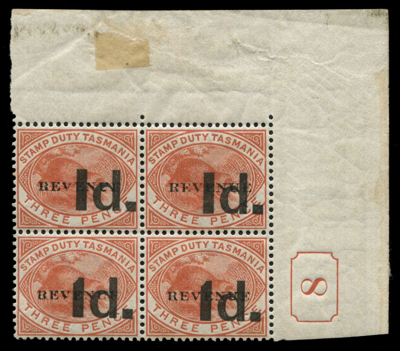 TASMANIA - Revenues: 1900 Platypus optd 'REVENUE' Surcharges 1d on 3d Control No. 8 corner block of 4, upper row type b (flat top to '1') lower row type c (slanted top to '1), lower-left unit overprint variety 'BEVENUE' for 'REVENUE', hinge remainder in m