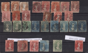 TASMANIA: 1857-91 mostly perforated Chalons with 1d (35, four are imperf) including eleven (3 imperf) with COLONIAL TREASURY fiscal datestamp, 2d (4), 4d (7), 6d (17, one with complete 'LATE/LETTER' handstamp) & 1/- (11); good variety of perfs, shades & printings, usual variable condition, the majority of the 2d to 1/- values with postal cancels. Worthy of closer inspection. (74)