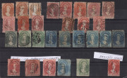 TASMANIA: 1857-91 mostly perforated Chalons with 1d (35, four are imperf) including eleven (3 imperf) with COLONIAL TREASURY fiscal datestamp, 2d (4), 4d (7), 6d (17, one with complete 'LATE/LETTER' handstamp) & 1/- (11); good variety of perfs, shades & p