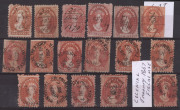 TASMANIA: 1857-91 mostly perforated Chalons with 1d (35, four are imperf) including eleven (3 imperf) with COLONIAL TREASURY fiscal datestamp, 2d (4), 4d (7), 6d (17, one with complete 'LATE/LETTER' handstamp) & 1/- (11); good variety of perfs, shades & p - 2