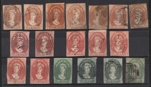 TASMANIA: 1855-67 imperf Chalons selection comprising Star Wmk 4d, Numeral Wmk 1d (14) 2d (4), 4d (12), 6d (7) & 1/- (5) , usual mixed condition with variable margins, majority postally used, some postmark interest. (43)