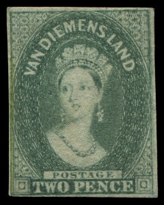 TASMANIA: 1857-57 (SG.34) Numeral Wmk 2d slate-green, complete margins, fine unused, two small dealer marks on reverse, Cat. £425.