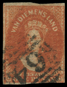 TASMANIA: 1856-57 (SG.24) No Wmk Pelure Paper 1d deep-red brown, margins just shaving (at base) to very good, BN '64' cancel of Hobart, Cat £750. Lovely rich colour.