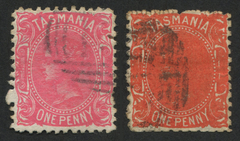 TASMANIA: 1880-91 (SG.160a) 1d vermilion-red with spectacular "Queen obliterated" major over-inking flaw which has also blocked-out much of the frame detail. Impressive flaw.