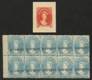 TASMANIA: REPRINTS: 1886 perforated 4d Chalon marginal block of 10 (5x2) on Thick Paper, full unmounted o.g., also single imperforate die proof in carmine, without denomination with Blank Tablet & No Frame at Base. (2 items)