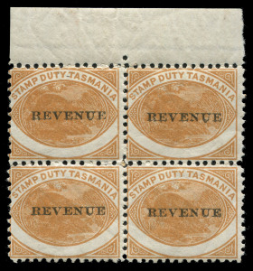 TASMANIA - Revenues: 1900 2d Platypus marginal MUH block of with "'TWO PENCE' omitted" and used single with the same flaw; also mint block of 4 the lower pair with "Misplaced 'TWO PENCE'" plus a used single (corner fault) with a more spectacular misplacement, Elsmore Online Cat $500+.
