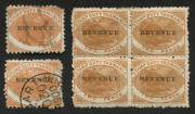 TASMANIA - Revenues: 1900 2d Platypus marginal MUH block of with "'TWO PENCE' omitted" and used single with the same flaw; also mint block of 4 the lower pair with "Misplaced 'TWO PENCE'" plus a used single (corner fault) with a more spectacular misplacem - 2