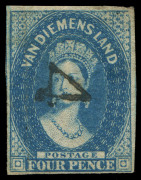 TASMANIA: 1855-67 imperf Chalons group comprising Star Wmk 4d (2) one with good to large margins and sans-serif '4' handstamp cancel of Macquarie Plains, the other with complete margins tied to small piece with a 'PRE-PAID/7OC7/1856' diamond handstamp alo - 2