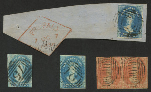 TASMANIA: 1855-67 imperf Chalons group comprising Star Wmk 4d (2) one with good to large margins and sans-serif '4' handstamp cancel of Macquarie Plains, the other with complete margins tied to small piece with a 'PRE-PAID/7OC7/1856' diamond handstamp alongside; Numeral Wmk 1d brick-red pair with dumb bars cancel, 4d blue (2) with 2nd Allocation BN '16' or BN '75' cancels. (5 items)