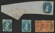 TASMANIA: 1855-67 imperf Chalons group comprising Star Wmk 4d (2) one with good to large margins and sans-serif '4' handstamp cancel of Macquarie Plains, the other with complete margins tied to small piece with a 'PRE-PAID/7OC7/1856' diamond handstamp alo