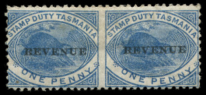 TASMANIA - Revenues: 1900 Platypus optd 'REVENUE' series varieties comprising 1d blue "'REVENUE' overprint inverted" and "'ONE PENNY' misplaced upwards (into central design)", 2d cinnamon variety "'TWO PENCE' doubled" (2) in different shades, all fine mint, Elsmore Online Cat $420.