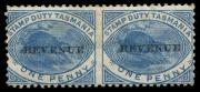 TASMANIA - Revenues: 1900 Platypus optd 'REVENUE' series varieties comprising 1d blue "'REVENUE' overprint inverted" and "'ONE PENNY' misplaced upwards (into central design)", 2d cinnamon variety "'TWO PENCE' doubled" (2) in different shades, all fine min