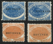 TASMANIA - Revenues: 1900 Platypus optd 'REVENUE' series varieties comprising 1d blue "'REVENUE' overprint inverted" and "'ONE PENNY' misplaced upwards (into central design)", 2d cinnamon variety "'TWO PENCE' doubled" (2) in different shades, all fine min - 2