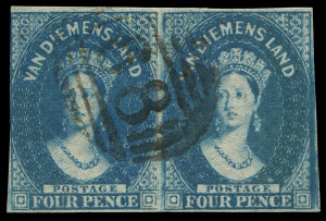 TASMANIA: 1855 (SG.17) Star Wmk 4d deep blue pair, margins largely complete (just shaved at left), BN '68' cancel, Cat £260+. Lovely deep colour.