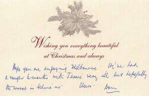 DON BRADMAN, 1986 Christmas Card to Norm Bevan, signed "Don"; together with envelope in which it was posted. Also invitation letter to Don Bradman's 78th Birthday luncheon in August 1986.