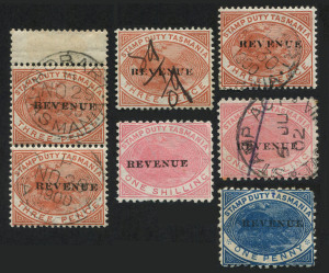 TASMANIA - Revenues: 1860s-1900 Revenues selection with 10/- George & Dragon with fake postal cancel, Platypus Series 1880 1d blue (10) several postally used incl. pair plus mint single, 3d (5) one mint others postally used, 6d (6) postally used, 1/- (2) postally used; 1900 optd 'REVENUE' 1d mint, 3d (4) incl. postally used marginal pair & single, 1/- (2) one unused; also perforated Chalons 1d (2), 6d & 1/- with pen cancels. (36)