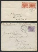 TASMANIA - Postal History: 1886 (Feb.6) cover to Ireland endorsed "By P. O. Steamer" and "Via Melbourne" with 6d Platypus Postal Fiscal tied by HOBART duplex, OMAGH arrival backstamp; also 1900 (Nov.30) 3d optd 'REVENUE' pair tied to local cover (unsealed