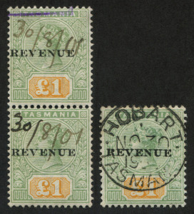 TASMANIA: Postal Fiscals: 1900 (SG.F39) £1 green & yellow optd 'REVENUE' postally used with HOBART 'NO30/1900' datestamp, Cat £225; also vertical pair fiscally used with "30/8/01' pen cancel. (2 items).