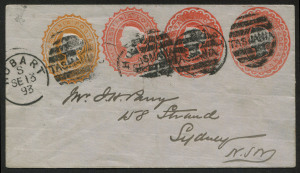 TASMANIA - Postal Stationery: Envelopes - PTPO: 1893 (Sept.13) use of 1d+1d+1d+½d PTPO Stationery Envelope to Sydney, impressions tied by multiple strikes of HOBART 'SE13/93' duplex datestamps, small internal fault on reverse, unsealed flap.