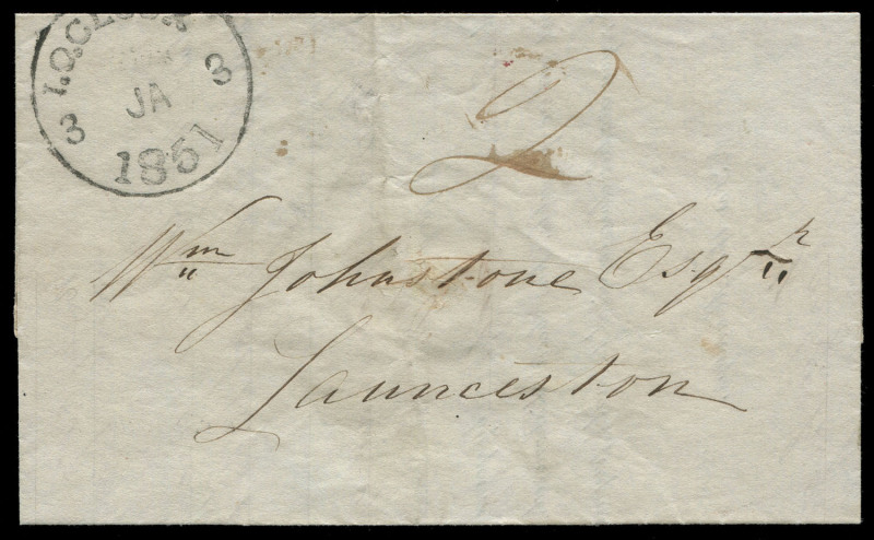 TASMANIA - Postal History: 1851 (Jan.3) Bank of Australasia (Launceston) folded printed notice sent locally and rated "2", with bold and largely complete strike of '1.O.CLOCK/3JA3/1851' datestamp in black. [The 1 o'clock datestamp is rare, Green Books sta