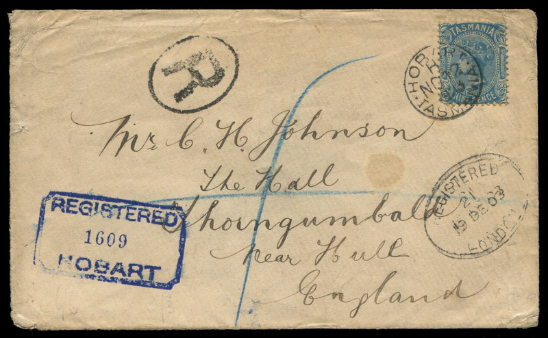 TASMANIA - Postal History: 1903 (Nov.12) registered cover to England with 9d Sideface P12½ SG.242 tied by HOBART 'NO12/1903' datestamp, 'R'-in oval and bold strike in blue of chamfered-boxed 'REGISTERED/HOBART' registration handstamps, REGISTERED LONDON o