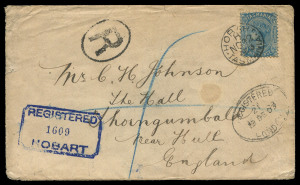 TASMANIA - Postal History: 1903 (Nov.12) registered cover to England with 9d Sideface P12½ SG.242 tied by HOBART 'NO12/1903' datestamp, 'R'-in oval and bold strike in blue of chamfered-boxed 'REGISTERED/HOBART' registration handstamps, REGISTERED LONDON oval transit datestamp on face, on reverse HULL transit & BURSTWICK arrival datestamps.