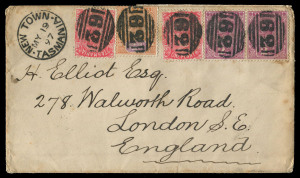 TASMANIA - Postal History: 1897 (May 19) triple-rate cover to England with attractive multicolour franking comprising Tablets 2½d pair & ½d and Sidefaces 1d (2) cancelled by bold strikes of BN '62' obliterator with fine strike of 'NEW TOWN/MY19/97' datestamp alongside, on reverse HOBART transit and LONDON arrival datestamp, minor edge blemishes.