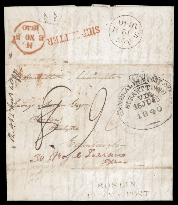 TASMANIA - Postal History: 1840 (June16) entire to Roslin, Scotland, sent "p Hamilton" departing from Launceston with largely complete strike of the large oval '[Crown]/GENERAL POST OFFICE/HOBART TOWN/VDL/16JU16/1840' datesamp struck in black , initially