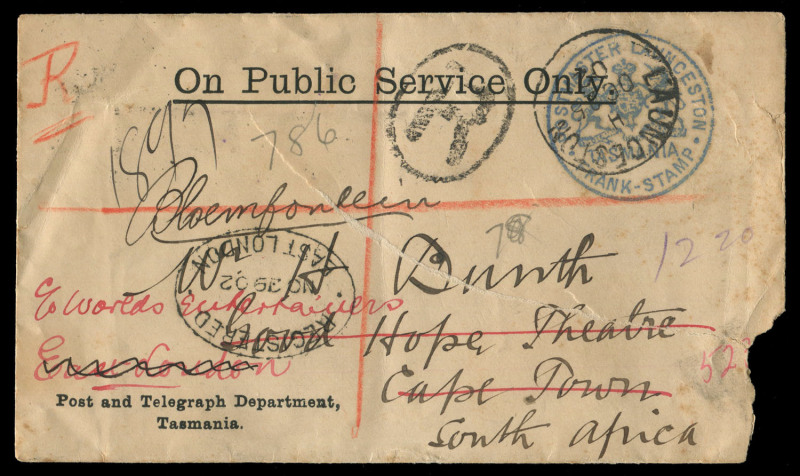 TASMANIA - Postal Stationery: Frank Stamp: 1902 (Oct.25) registered use of Post and Telegraph Department envelope (136x73mm) to South Africa with fine strike of 'POSTMASTER LAUNCESTON/[Arms]/TASMANIA /FRANK-STAMP' in blue overstruck with LAUNCESTON 'H' co