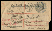 TASMANIA - Postal Stationery: Frank Stamp: 1902 (Oct.25) registered use of Post and Telegraph Department envelope (136x73mm) to South Africa with fine strike of 'POSTMASTER LAUNCESTON/[Arms]/TASMANIA /FRANK-STAMP' in blue overstruck with LAUNCESTON 'H' co