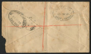 TASMANIA - Postal Stationery: Frank Stamp: 1902 (Oct.25) registered use of Post and Telegraph Department envelope (136x73mm) to South Africa with fine strike of 'POSTMASTER LAUNCESTON/[Arms]/TASMANIA /FRANK-STAMP' in blue overstruck with LAUNCESTON 'H' co - 2