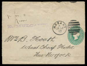 TASMANIA - Postal Stationery: Wrappers: 1893 (Jan.14) Hobart to New Norfolk use of 1d wrapper, with impression struck in green, NEW NORFOLK same day arrival backstamp. A rare error of colour with the only recorded use in Hobart in 1893.