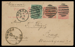 TASMANIA - Postal History: 1891 (Jul. 2) use of 1d Postal Card uprated with 3d Platypus & 2d Sideface for transit from Hobart to Austria paying the 6d pre-UPU rate for letters to European countries, PRAGUE '12/8/91' arrival datestamp on face. [Postcards s