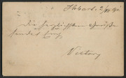 TASMANIA - Postal History: 1891 (Jul. 2) use of 1d Postal Card uprated with 3d Platypus & 2d Sideface for transit from Hobart to Austria paying the 6d pre-UPU rate for letters to European countries, PRAGUE '12/8/91' arrival datestamp on face. [Postcards s - 2