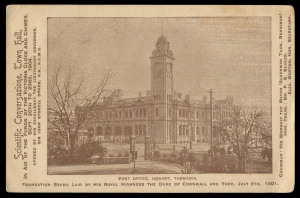 TASMANIA - Postal History: 1904 (Nov.23) illustrated postcard for the "Scientific Conversazione, Town Hall, in aid of the Funds of the Victoria Clocks and Chimes" with image of Hobart Post Office, addressed to "Military Hospital, Middleburg, Cape Colony",