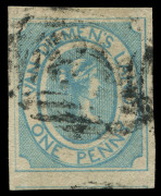 TASMANIA: 1853 (SG.2) Medium soft yellowish paper 1d blue, margins large to huge and clear of outer frameline on all sides with fragment of adjoining stamp at base, indistinct numeral example. Examples with such large margins are seldom encountered.