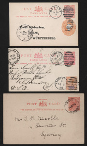 TASMANIA - Postal Stationery: Postal Cards: 1d cards unused (8) all with blank backs except one with Official Souvenir illustration, used (6) incl. New Ponds to Hobart tied by BN '39' with GREEN PONDS 'SEP26/1882' datestamp alongside, New Norfolk to Hobart with largely fine 1892 NEW NORFOLK datestamp, most if not all printed in Hobart with a variety of shade & stock types; also PTPO 1d Card uprated with ½d indicium unused (2, indicium in yellow-orange or deep orange) and used in 1895