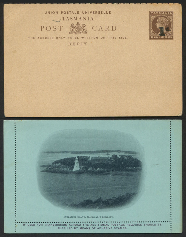 TASMANIA - Postal Stationery: Postal Cards: UPU 1½d+1½d with Reply Cards unused (3) two with diagonal 'SPECIMEN' overprints, plus a single '1d' on 1½d Reply Card unused (scarce); also 2d Pictorial Scenic Letter Cards unused (2) one showing Lake Hartz (li
