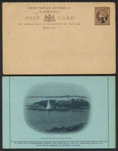 TASMANIA - Postal Stationery: Postal Cards: UPU 1½d+1½d with Reply Cards unused (3) two with diagonal 'SPECIMEN' overprints, plus a single '1d' on 1½d Reply Card unused (scarce); also 2d Pictorial Scenic Letter Cards unused (2) one showing Lake Hartz (light toning) the other Entrance Island, Macquarie Harbour, 2d Sideface Lettercards (2) one with diagonal 'SPECIMEN' overprint; generally fine. (8 items)